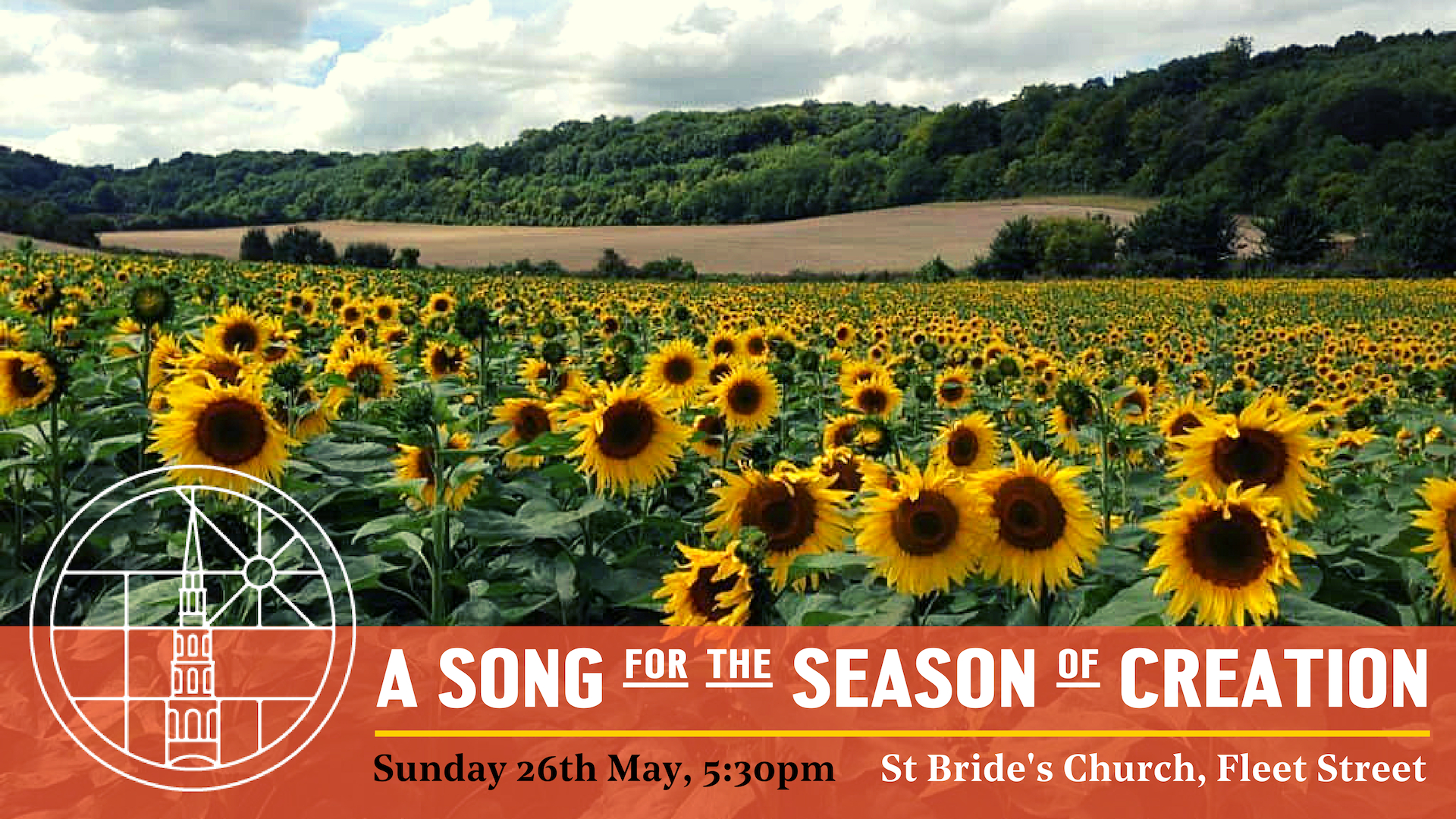 Advert for launch event showing field of sunflowers