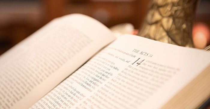 Bible open on brass eagle lectern in St Bride's