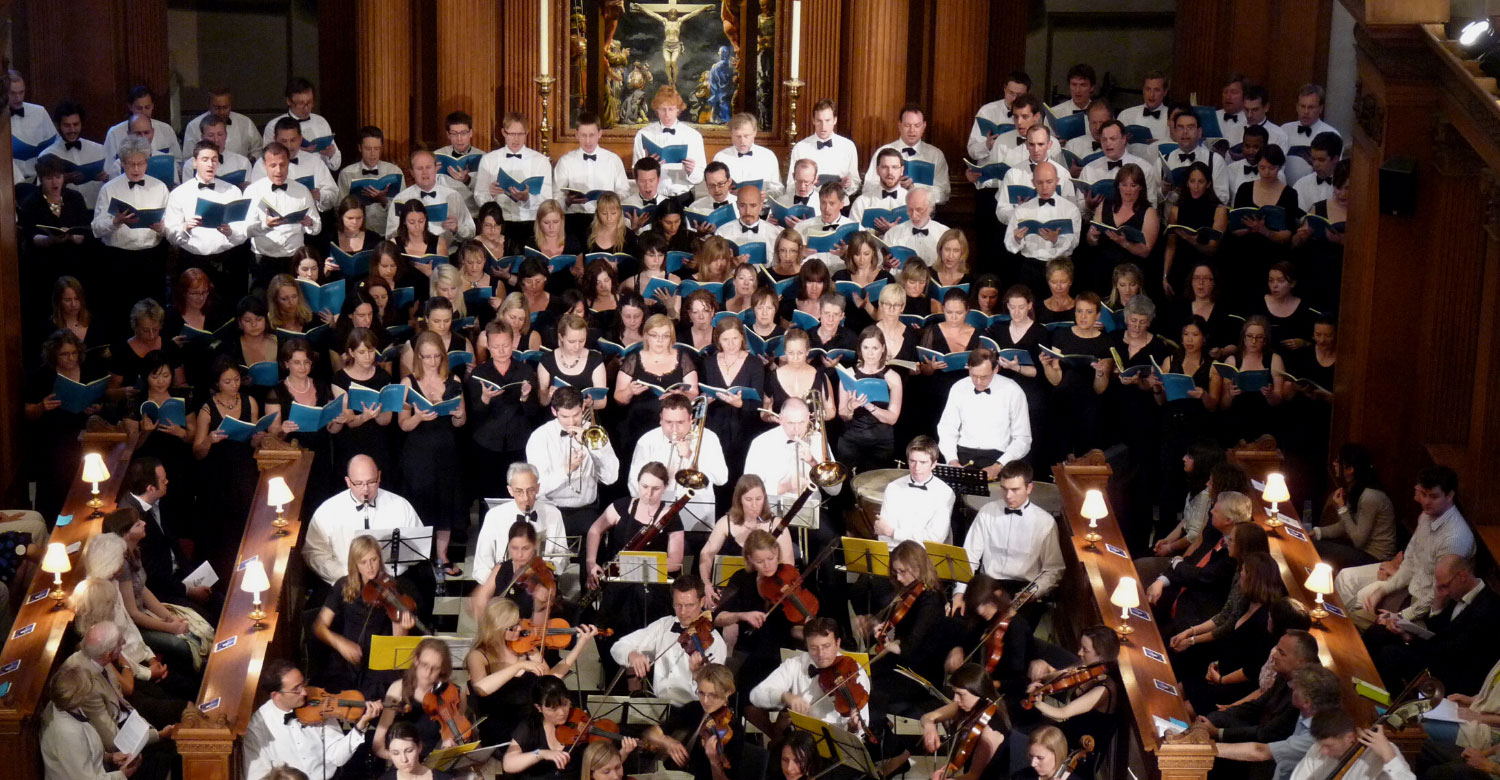 EC4 choir and orchestra during concert in packed St Bride's Church