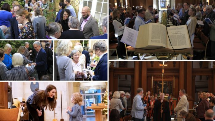 Congregation in church and enjoying refreshments