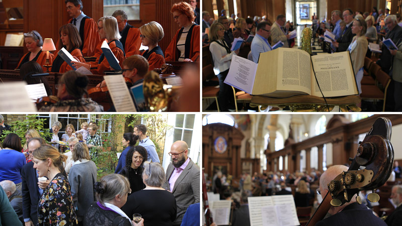 Congregation in church and enjoying refreshments