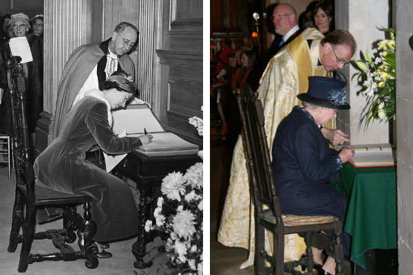 HM The Queen signing a visitors book at the rededication service in 1957 and at the 50th anniversary of that even in 2007