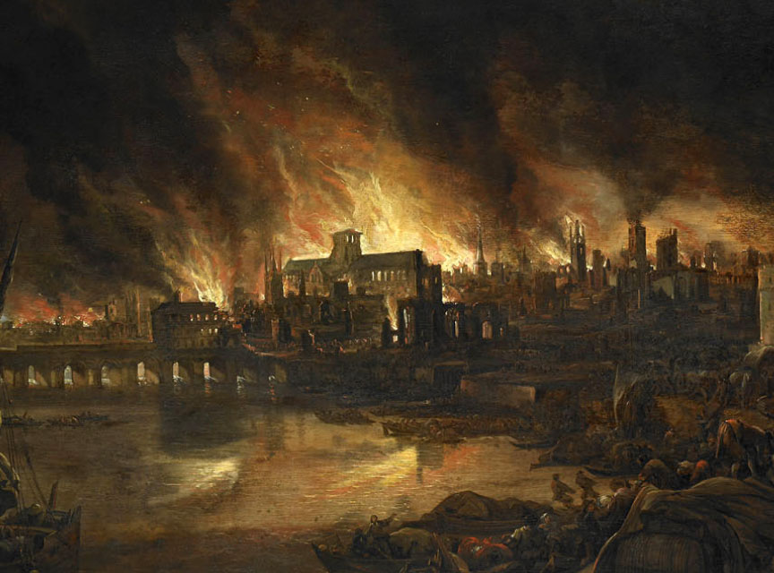 Painting of flames leaping from buildings in the Great Fire of London