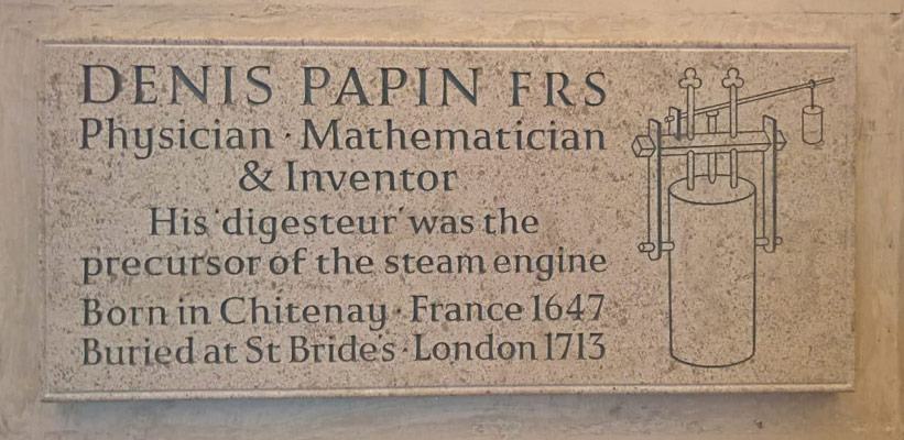 Carved memorial to Denis Papin in St Bride's Church