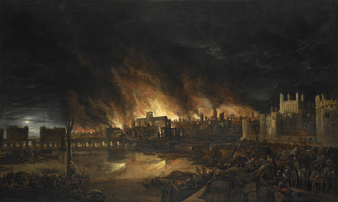 Painting: Great Fire of London, Flames rage above medieval St Paul's