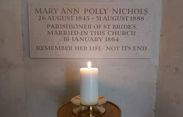 Carved memorial to Polly Nichols in St Bride's Church