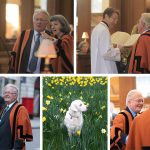 Peter Silver in Guild of St Bride gown, and as churchwarden and Bellini his dog