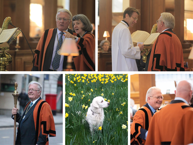 Peter Silver in Guild of St Bride gown, and as churchwarden and Bellini his dog