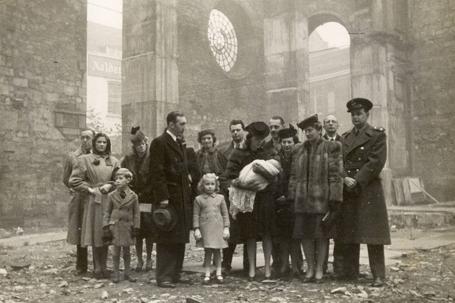 Christening of journalist Christopher Ward in bombed out shell of St Bride's