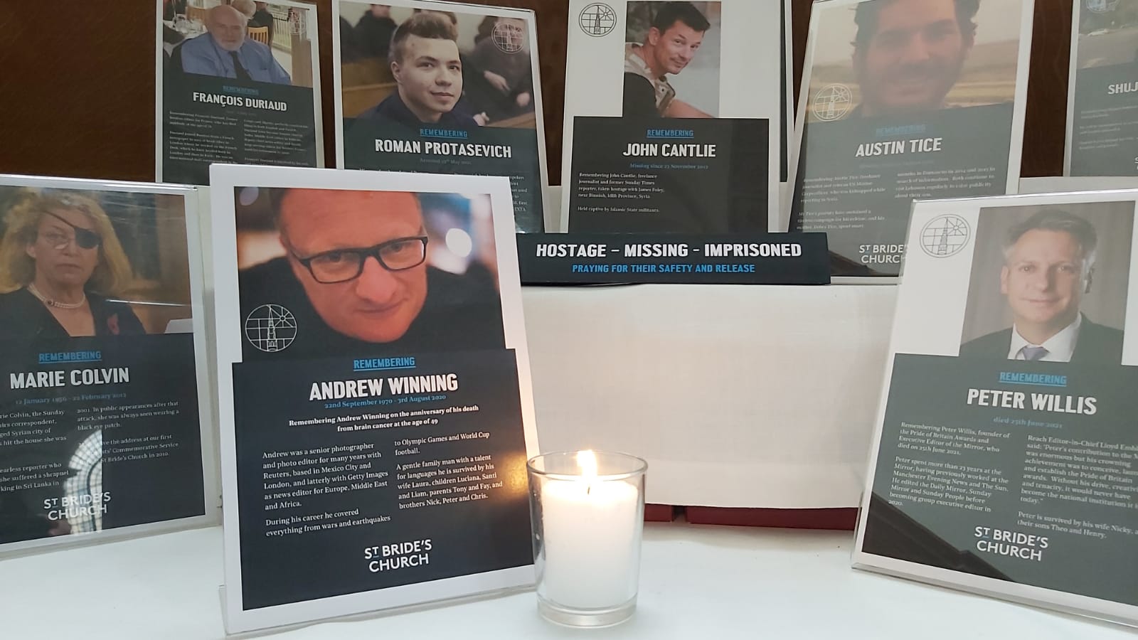 Photojournalist Andrew Winning plaque on Journalists' Altar