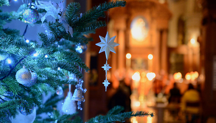 St Bride's Christmas tree, congregation and altar in distance